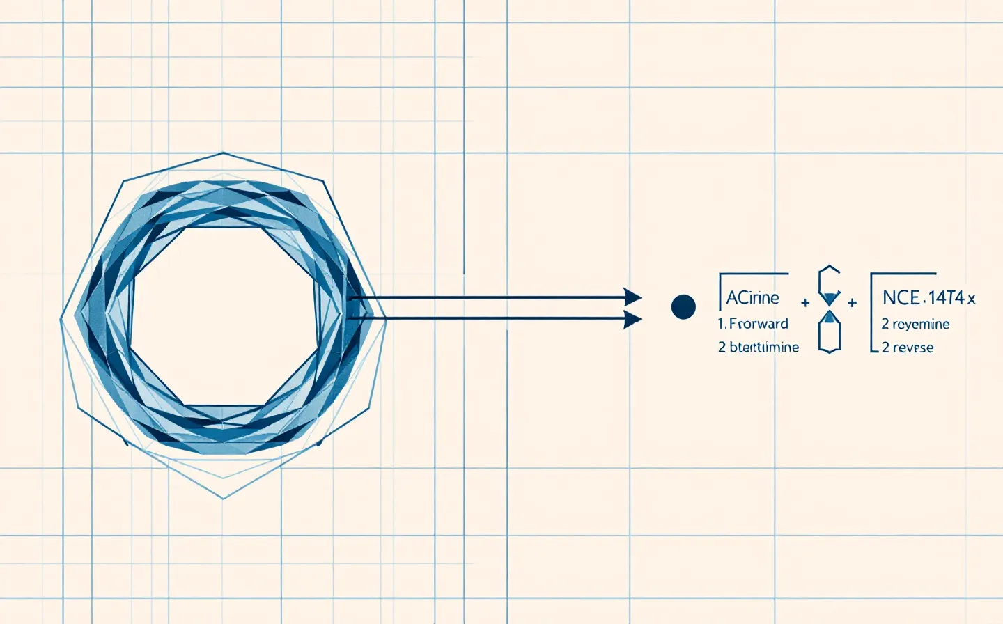 A clean Swiss-grid diagram of the NAD+ coenzyme as two linked ring-and-phosphate node groups with a small NAD+/NADH redox-couple arrow pair, in klein-blue and ink on a cool near-white grid